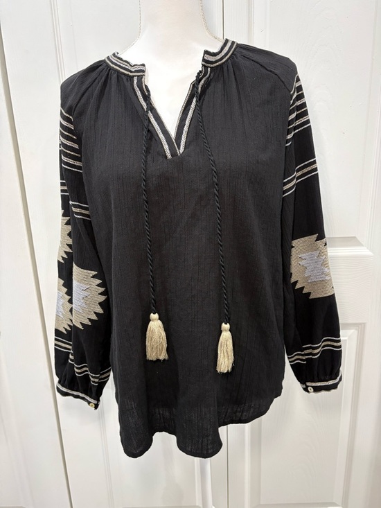 Katherine Barclay Tops - Katherine Barclay Black Peasant Blouse with Cream Tassels